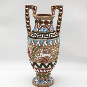 Vintage griechische Vase von Apollon Rodos, handgefertigte Keramik, griechische Amphorenvase, mediterrane Design-Tonvase, buntes Herzstück