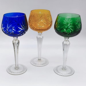 Vintage Crystal Wine Glass, Yellow Wine Hock Glass, Cobalt Blue Cut To Clear Goblet, Emerald Green Decorative Goblet