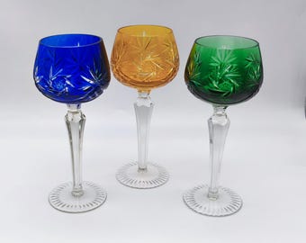 Vintage Crystal Wine Glass, Yellow Wine Hock Glass, Cobalt Blue Cut To Clear Goblet, Emerald Green Decorative Goblet