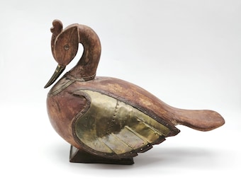 Vintage Hand-Carved Wood And Metal Swan Figurine, Decorative Handmade Bird Statue, Folk Art Décor, Large Rustic Display Duck