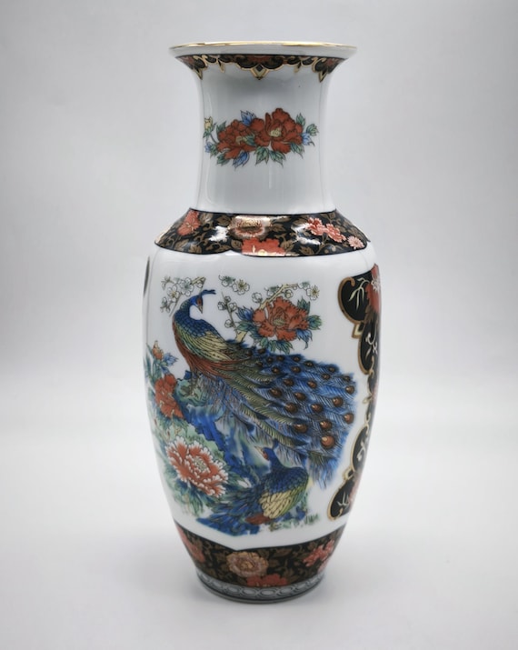 Vintage Royal Peacock Porcelain Vase, Floral Japanese Centrepiece