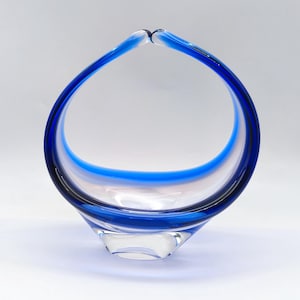 Vintage Bohemian Glass Bowl, Navy Blue Basket, Czech Art Glass Centrepiece, Mid-Century Decorative Bowl