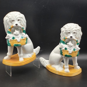 Vintage Pair of German Porcelain Mantel Dogs with Baskets & Piglets, Thuringia "Hoerenhondjes", Two Staffordshire Style Figurines