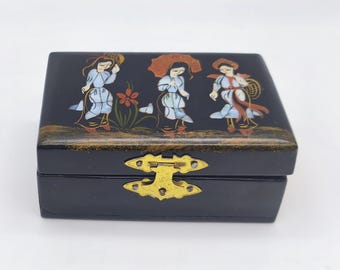 Joyero vietnamita vintage con incrustaciones de nácar, caja de recuerdos asiática con espejo, estuche para joyas con interior de terciopelo rojo.