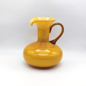 Vintage Empoli Glass Pitcher, Hand Blown Amber Jug, Butterscotch Art Glass Vase, Mid Century Decorative Pitcher