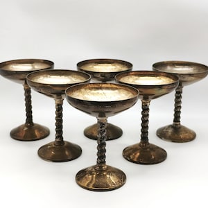 Vintage Metal Champagne Coupe Set, Twisted Stem Champagne Glasses,  Antique  Drinkware, Six Large Goblets, Sparkling Wine Glass