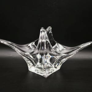 Vintage Sculptural Art Glass Bowl, Large Clear Freeform Bowl with Geometric Base, Murano Style Centrepiece, Mid-Century Modern Home Decor