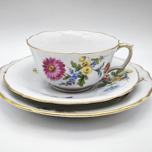 Antique Meissen Porcelain Trio - Cup, Saucer and Plate Set, Hand-Painted Scattered Flowers Pattern with Gold Trim,  German Antique Porcelain