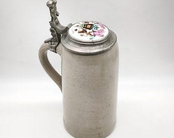 Boccale da birra antico tedesco da 1 litro, in gres smaltato al sale Westerwald, raro boccale da birraio professionale con leva a pollice a forma di stemma.