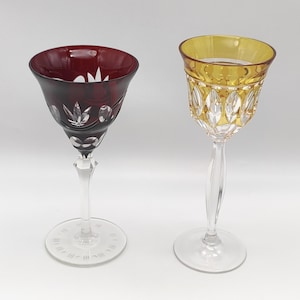 Vintage Bohemian Crystal Wine Goblet, Cut-to-Clear Cased Glass, Ruby Red, Amber Yellow Wine Glass, Hand-Cut Czech Crystal Goblet