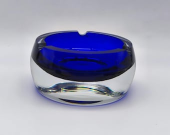 Vintage Krosno Poland Ashtray,  Cobalt Blue And Clear Glass Bowl, Two Tone Art Glass Ashtray, Round Blue Cigarette Dish, Heavy Glass Ashtray