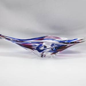 Vintage Max Verboeket Maastricht Pink Blue Glass Bowl, MCM Collectable Art Glass, Long Sculptural Glass Centrepiece, Dutch Studio Art Bowl