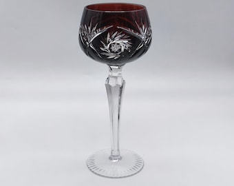 Vintage Crystal Wine Glass, Ruby Red Wine Hock Glass,  Cut To Clear Goblet, Deep Red Decorative Goblet