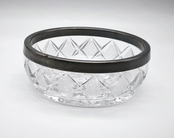 Vintage Hefra Poland Crystal Bowl, Lead Crystal Snack Bowl, Silver Plated Polish Crystal Dish, Clear Glass Bowl With Silver Ring