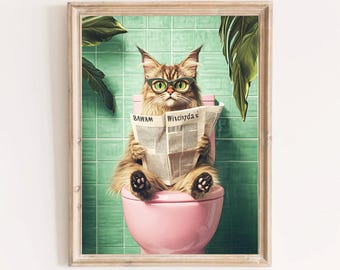 Arte de la pared del gato del baño, decoración divertida del baño, gato naranja en el inodoro, impresión retro del baño del gato, gato