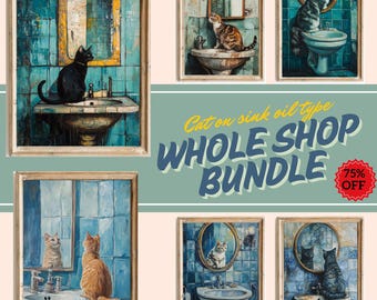 Arte de la pared del gato del baño, decoración divertida del baño, arte de la pared del paquete de toda la tienda, impresión retro del baño del gato, gato