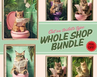 Arte de la pared del gato del baño, decoración divertida del baño, arte de la pared del paquete de toda la tienda, impresión retro del baño del gato, gato