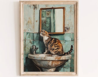 Arte de pared de baño vintage, decoración de baño original, gato marrón en el inodoro, estampado de baño de gato retro