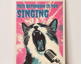 Estampado de gato en el baño, arte de pared de gato para inodoros, estampado de gato vintage, estampado de gato vintage para baño, este baño es para estampado de gato cantando