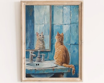 Arte de pared de baño vintage, decoración de baño original, gato naranja en el inodoro, estampado de baño de gato retro