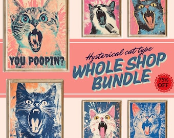 Arte de la pared del gato del baño, decoración divertida del baño, arte de la pared del paquete de toda la tienda, impresión retro del baño del gato, gato