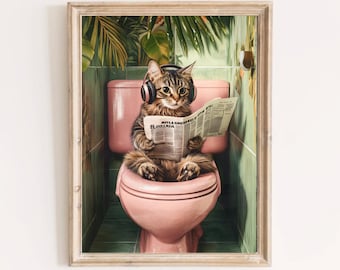 Arte de pared de baño vintage, decoración de baño original, gato en el inodoro, estampado de baño de gato retro, atigrado