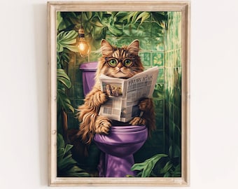 Arte de pared de baño vintage, decoración de baño original, gato en el inodoro, estampado de baño de gato retro, gato