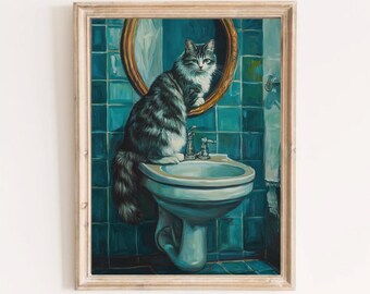 Arte de pared de baño vintage, decoración de baño original, gato peludo en el inodoro, estampado de baño de gato retro