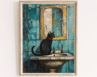 Arte de pared de baño vintage, decoración de baño original, gato negro en el inodoro, estampado de baño de gato retro