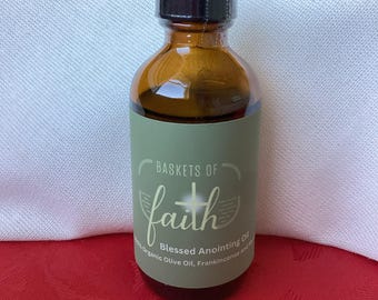 Aceite de unción bendita – 2 oz / Incienso o mirra / Vertido a mano / Incluye tarjetas de petición de oración
