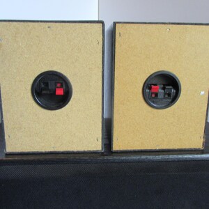 May include: Two rectangular speakers with black frames and tan backs. Each speaker has a black circular connector with red and black terminals. The speakers are positioned on top of a black speaker cabinet.