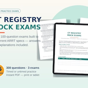 Puede incluir: Una tableta digital muestra un documento de CT Registry Mock Exams con 300 preguntas en tres exámenes de práctica completos. La pantalla presenta instrucciones y una tabla de seguimiento de puntuaciones. Páginas impresas son visibles detrás.