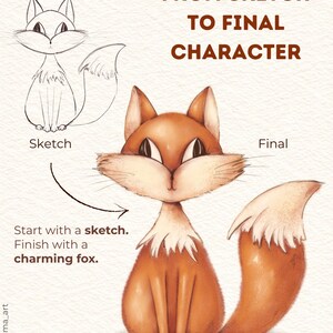 以下が含まれることがあります： FROM SKETCH TO FINAL CHARACTERというタイトルのデジタルイラスト。Sketchとラベル付けされたキツネの白黒線画と、Finalとラベル付けされた同じキツネのカラーで陰影のあるバージョンが表示されており、Start with a sketch. Finish with a charming fox.というテキストが含まれています。