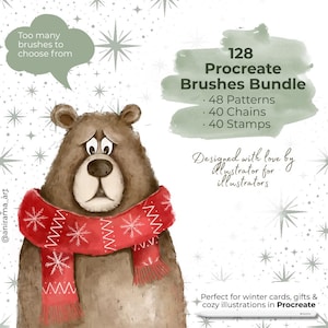 May include: A digital art bundle for Procreate featuring a sad cartoon bear wearing a red scarf with white snowflake patterns. The image includes text that reads "128 Procreate Brushes Bundle" with patterns, chains, and stamps.