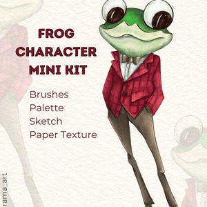 Könnte beinhalten: Illustration eines Cartoon-Frosch-Charakters mit roter karierter Jacke, brauner Hose und Fliege. Das Bild enthält den Text "FROG CHARACTER MINI KIT" und listet "Brushes, Palette, Sketch, Paper Texture" auf. Der Frosch hat große Augen und grüne Haut.