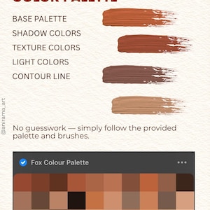 以下が含まれることがあります： COLOR PALETTEというタイトルのカラーパレットガイド。オレンジ、茶色、ベージュの4つの水平なブラシストロークが描かれています。その下にはFox Colour Paletteとラベル付けされたグリッドがあり、茶色とオレンジの色調の正方形のカラーサンプルが並んでいます。