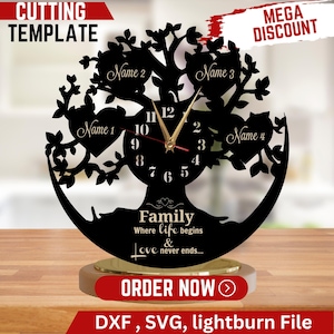 Wandklok DXF SVG-sjabloonbestand lasergesneden levensboomfamilie is waar het leven begint met 4 harten aangepast met namen van familieleden