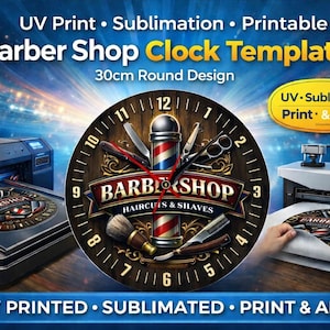 Könnte beinhalten: Runde 30 cm Uhrenvorlage im Barber Shop-Design mit Barbier-Stange, Schere und Rasierklingen. Das Bild enthält den Text "Barber Shop Clock Template".