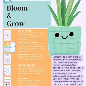 Op de afbeelding: Een printbaar pakket ontworpen om tieners te helpen hun mentale welzijn te bevorderen. Het pakket bevat bronnen voor stressmanagement, het stellen van doelen en het bevorderen van persoonlijke groei. De omslag toont een groene plant in een pot met een glimlachend gezicht en de tekst "Bloom & Grow".