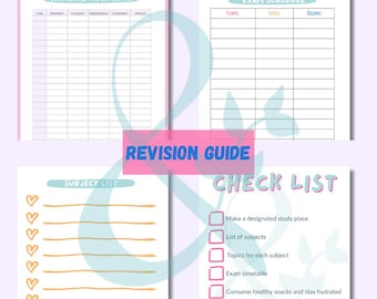 May include: A printable revision guide with a checklist, subject list, exam schedule, and revision timetable. The guide features a pink, blue, and yellow color scheme with hearts and leaves.