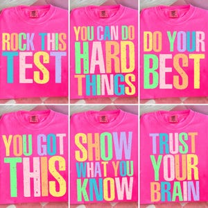 May include: A collection of six pink t-shirts with colorful text. The shirts display phrases like "ROCK THIS TEST", "YOU CAN DO HARD THINGS", and "DO YOUR BEST". Each shirt has a small logo near the neckline.