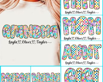 Preppy Glitter Nana Gigi Mimi Floral Bundle Png, Coquette Mothers Day Png, Preppy Gigi, Pink Mimi with kids names Png, Mom Life, Mom Design