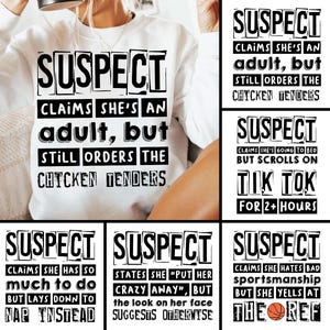 5 Suspect Claims Trendy Svg Png-bundel, naar bed gaan, grappige svg, Suspect Challenge, Leuk lettertypeontwerp, Suspect Claims Svg Png, Suspect Trendy