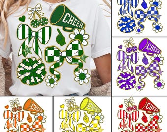 Cheer Coquette-bundel png, kleurrijk Cheer Mom shirtontwerp, cheerleading png, preppy cheerleader coquette strik png, cheerseizoen png