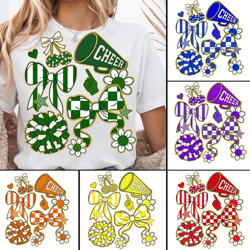 May include: White t-shirt featuring a green megaphone with the word "CHEER", bows, pom-poms, flowers, and a hand gesture. The design includes green and white checkered and striped patterns. Additional color variations include blue, purple, orange, yellow, and red.
