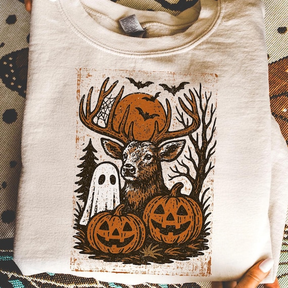 Vintage Halloween Deer PNG | Spooky Forest Buck Sublimation with Pumpkins & Bats | Rustic Hunting Halloween Clipart | Fall Antler Skull PNG