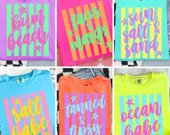 Neon Summer Beach PNG Bundle, Sun Salt Sand Ocean Babe Salty Babe Tan & Tipsy PNG, Tacos Margs Beach Shirt Design, Retro Stripe Summer PNG