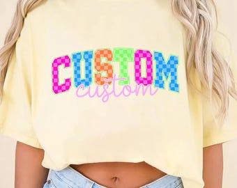 PNG personalizado de cuadros neón, sublimación personalizada de tablero de ajedrez colorido, PNG personalizado, diseño de camiseta con nombre personalizado, sublimación con letras a mano