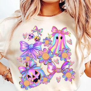 Irisierender Geist Png, kokett Halloween Png, Girly Halloween Png, niedlicher Geist Png, Kürbis Png, Retro Neon grafisches digital, gruselige Jahreszeit
