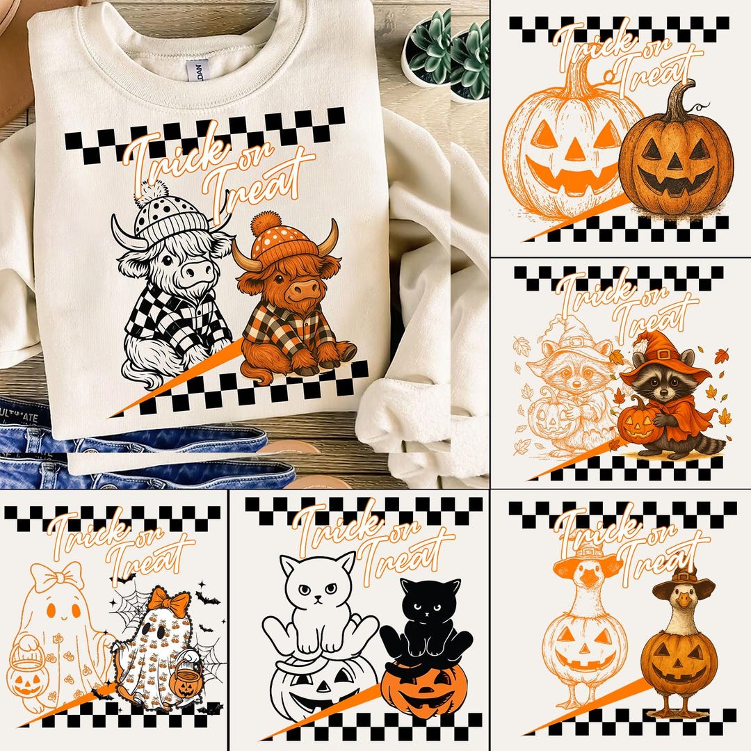 Retro Halloween Ghost Black Cat Cow Raccoon Pumpkin Goose Bundle Png ...